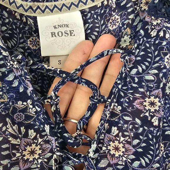 Knox Rose Boho Tunic Chiffon Blue Floral Tie Front Sz S Boho Cottagecore Country - Picture 6 of 10